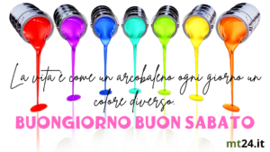 Messaggio di buongiorno con 'Buon sabato!' e colori vivaci che rappresentano la varietà dei giorni.