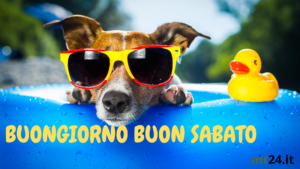 Messaggio di buongiorno con 'Buon sabato!' e un invito a rilassarsi con il proprio cane.