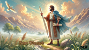 "Illustrazione di San Giosuè con abiti tradizionali in un paesaggio sereno."