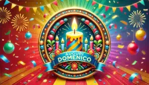 Cartolina di auguri per Domenico con candele e decorazioni festose
