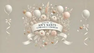 Illustrazione con la parola "Auguri" su uno sfondo neutro con decorazioni raffinate, come palloncini e confetti, per un augurio speciale Santi Cipriano e Cornelio