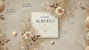 Immagine con la scritta 'Auguri Alberto' su sfondo elegante con decorazioni festose Sant'Alberto 14 settembre