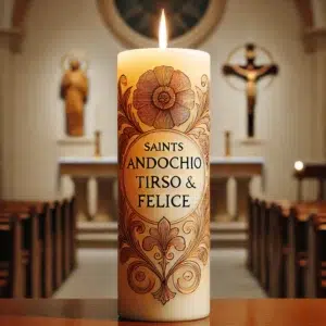 Candela decorata con i nomi dei Santi Andochio, Tirso e Felice, simbolo di devozione per ricordare i martiri cristiani del 24 settembre