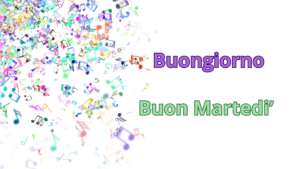 Messaggio di buongiorno e buon martedì con la citazione musicale 'Oggi sono proprio contento di stare al mondo,' accompagnato da un’immagine che evoca armonia e felicità.