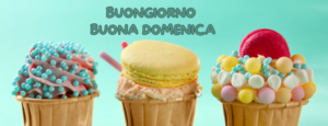 Immagine di un dolce spolverato di zucchero con la scritta 'Buongiorno e Buona Domenica'. Un augurio di una giornata dolce e piacevole.