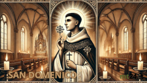 Illustrazione di San Domenico di Guzman, fondatore dell'Ordine dei Predicatori, in un'ambientazione medievale con abito domenicano, simboli di fede e spiritualità