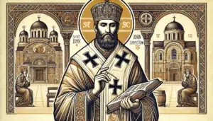 Immagine di auguri per San Giovanni Crisostomo con sfondo festoso ed elementi decorativi per celebrare il 13 settembre