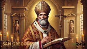 San Gregorio Magno, raffigurato come papa con abiti papali e un'aura di santità.Auguri di Buon Onomastico