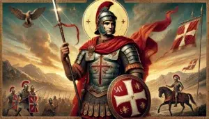 Immagine di San Maurizio, raffigurato come un soldato romano con armatura, mantello rosso, scudo e lancia, su uno sfondo di campo di battaglia al tramonto, simbolo di martirio e santità.